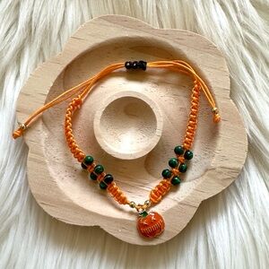 Handmade Pumpkin With Orange String and Green Beads Adjustable Bracelet